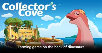 Cozy ocean farming game scene featuring a floating farm on the back of a friendly dinosaur sailing across the sea