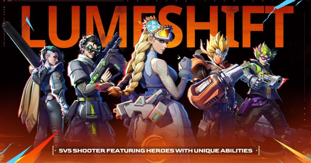 Lumeshift mobile gameplay showing 5v5 shooter combat across three MOBA lanes