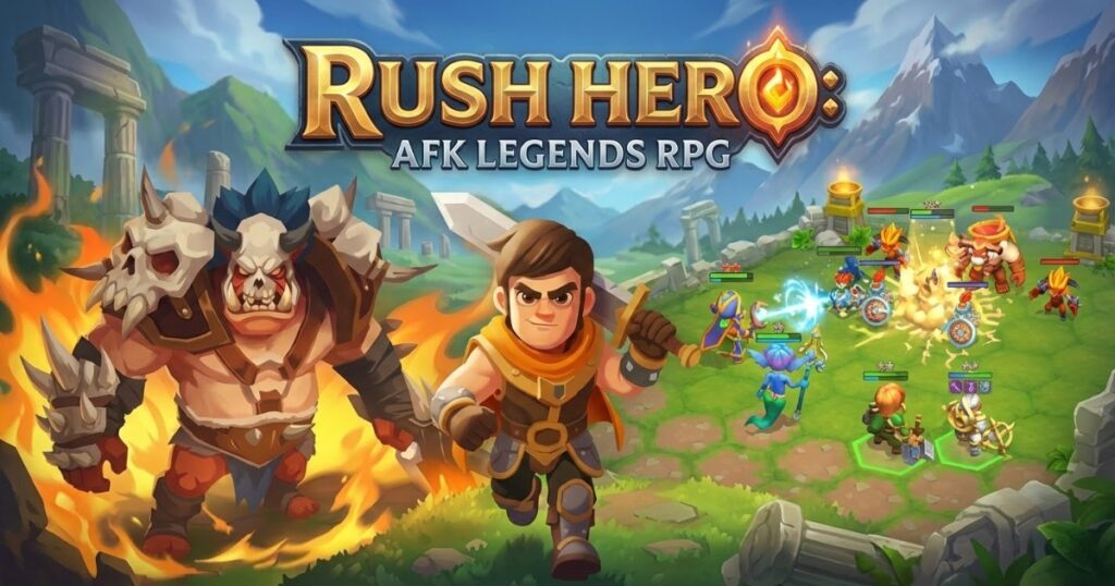 Rush Hero AFK Legends RPG gameplay showing hex grid auto battle and hero merge system